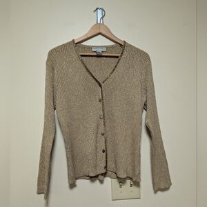 Adrianna Papell Evening Essentials Metallic Gold Ribbed Cardigan Sweater Size L